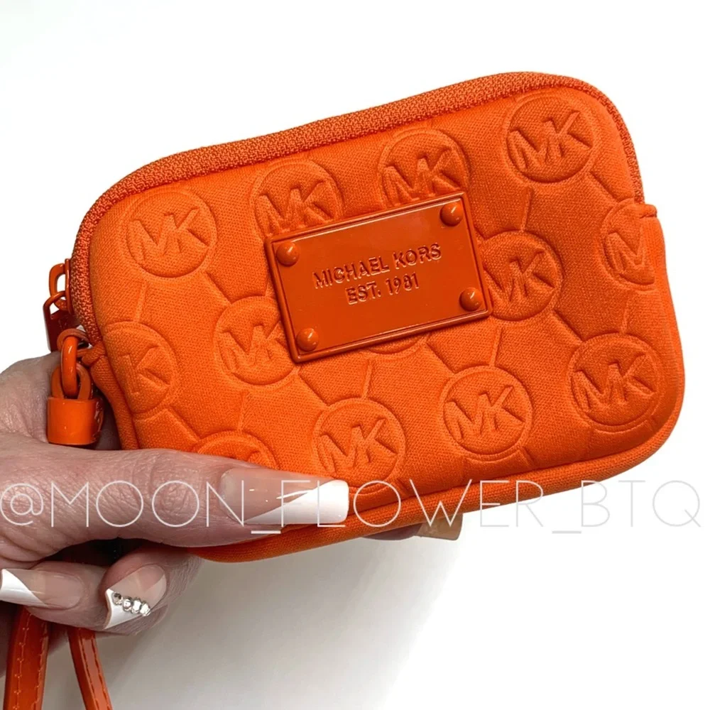 Michael Kors Jet Set Embossed Logo Scuba Fabric Wristlet Pouch Orange Neon RARE
